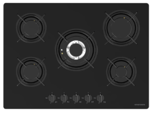 Plaque gaz 5 foyers - Grilles fonte - Dessus verre noir - 70cm taille standard