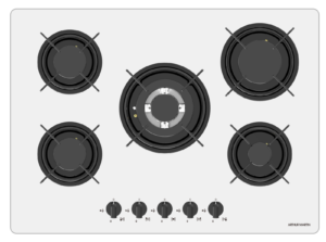 Plaque gaz 5 foyers - Grilles fonte - Dessus verre blanc - 70cm taille standard